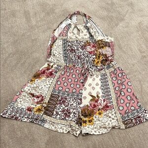 Maurices Pink and Cream Patterned Halter Top shorts Romper.